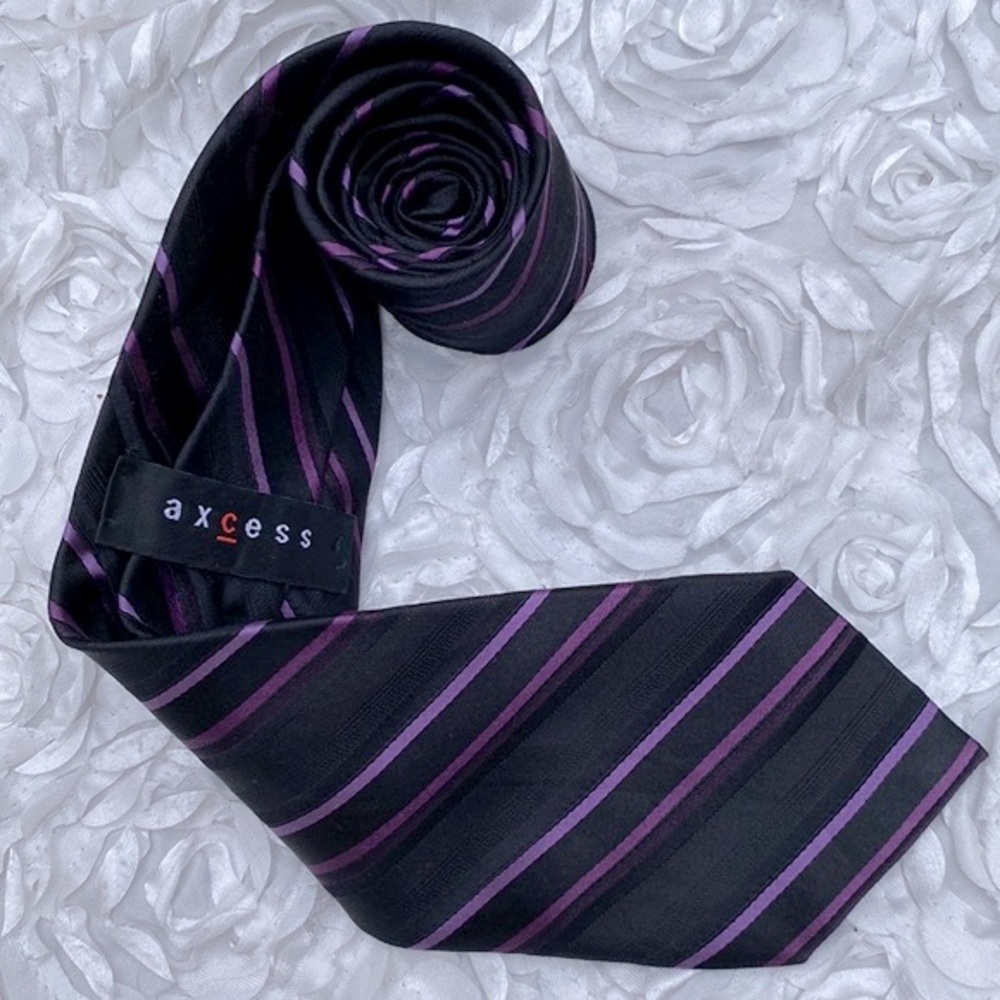 New Axcess mens purple and black silk striped tie